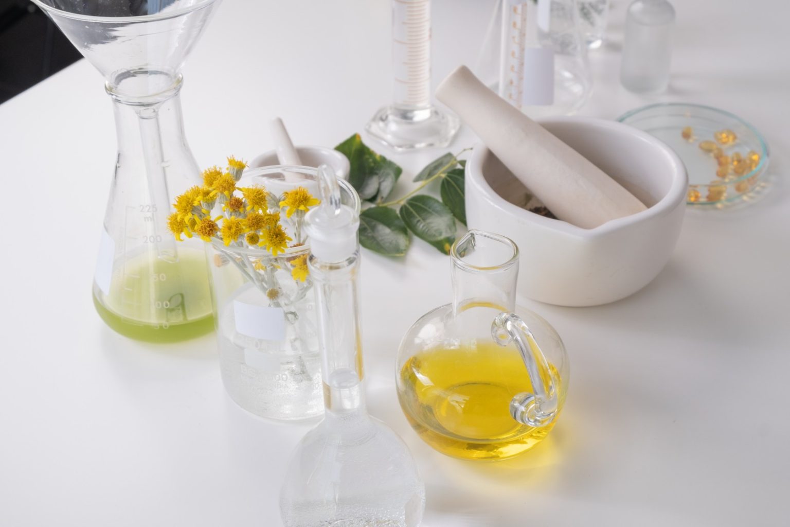 Botanical extracts and serum representing phytoestrogens in skincare and hair health.