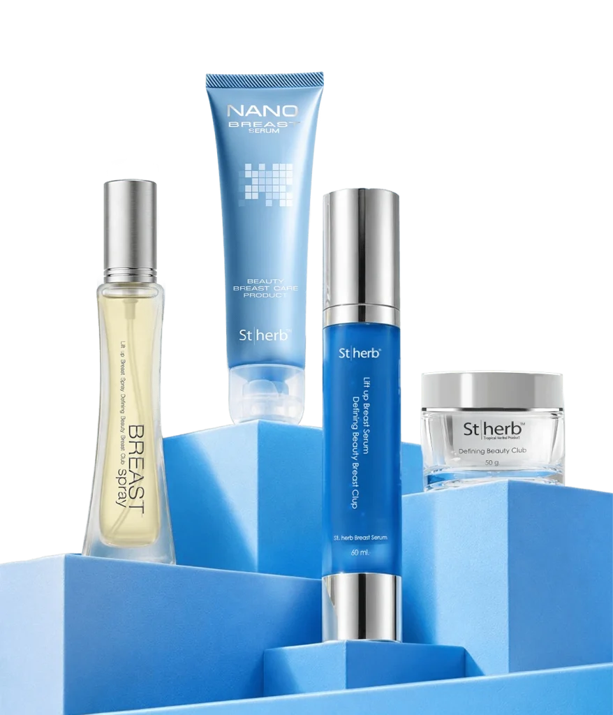 St.herb breast care set -- spray, serum, cream and gel bottles