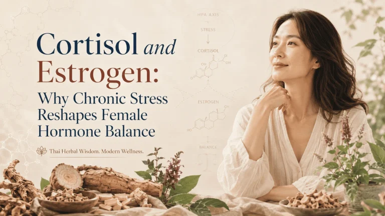 A calm woman beside Thai herbal roots, with a diagram tracing the HPA axis from stress to cortisol to estrogen balance