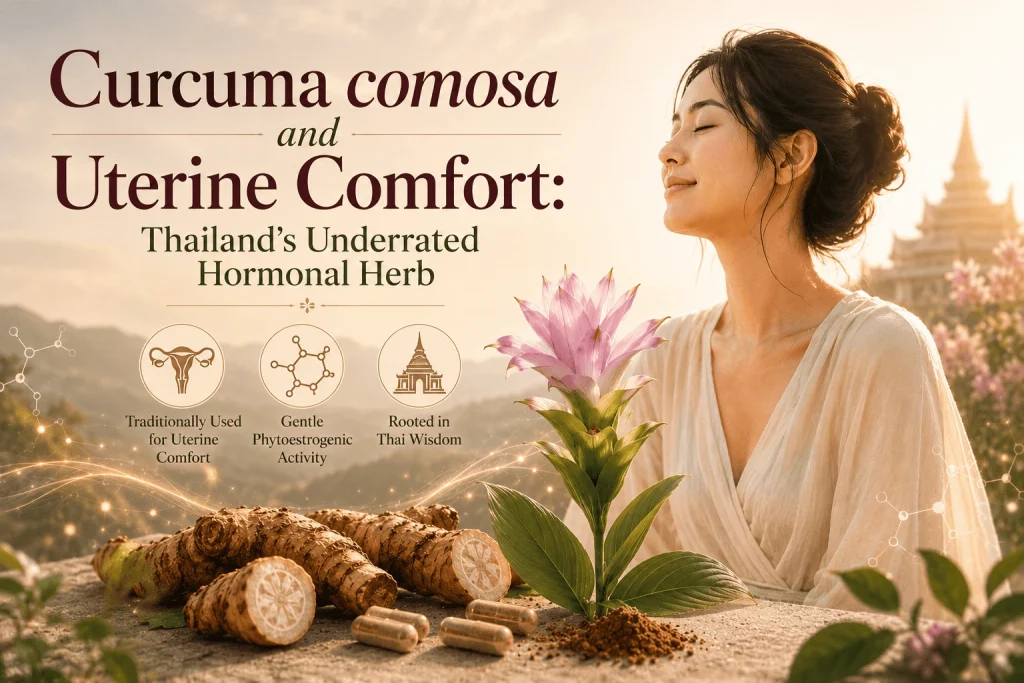 Curcuma comosa and Uterine Comfort: Thailand's Underrated Hormonal Herb Curcuma comosa rhizomes, capsules and a pink Curcuma flower with a Thai temple in the background