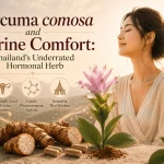 Curcuma comosa rhizomes, capsules and a pink Curcuma flower with a Thai temple in the background