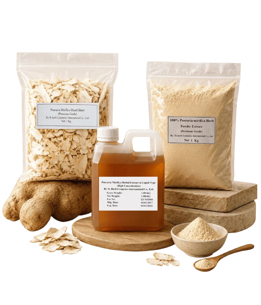 Pueraria Mirifica raw extract product range — sliced dried root, powder extract, liquid extract and whole root