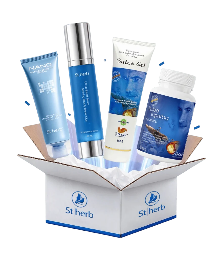 St.herb product care package -- Nano Breast Serum, Lift-Up Breast Serum, Butea Gel and Butea Superba capsules in an open shipping box