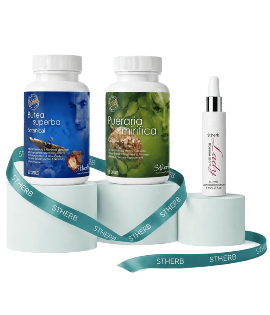 Butea Superba, Pueraria Mirifica capsules and Lady Blossom Serum gift set, tied with an Stherb ribbon
