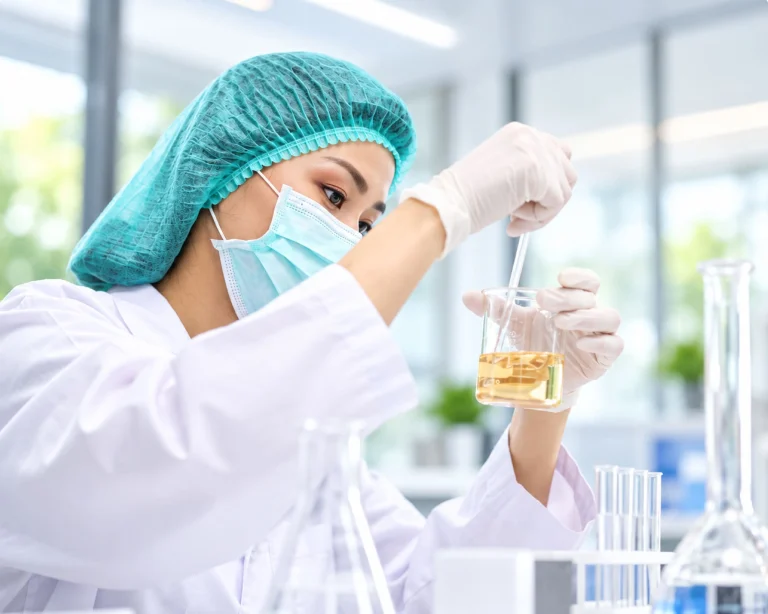 Researcher in gloves and mask examining a herbal extract sample