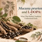 Mucuna pruriens and L-DOPA: What Thai Herbal Tradition Understood Early Mucuna pruriens velvet bean pods and seeds with L-DOPA and dopamine scientific illustration for herbal research