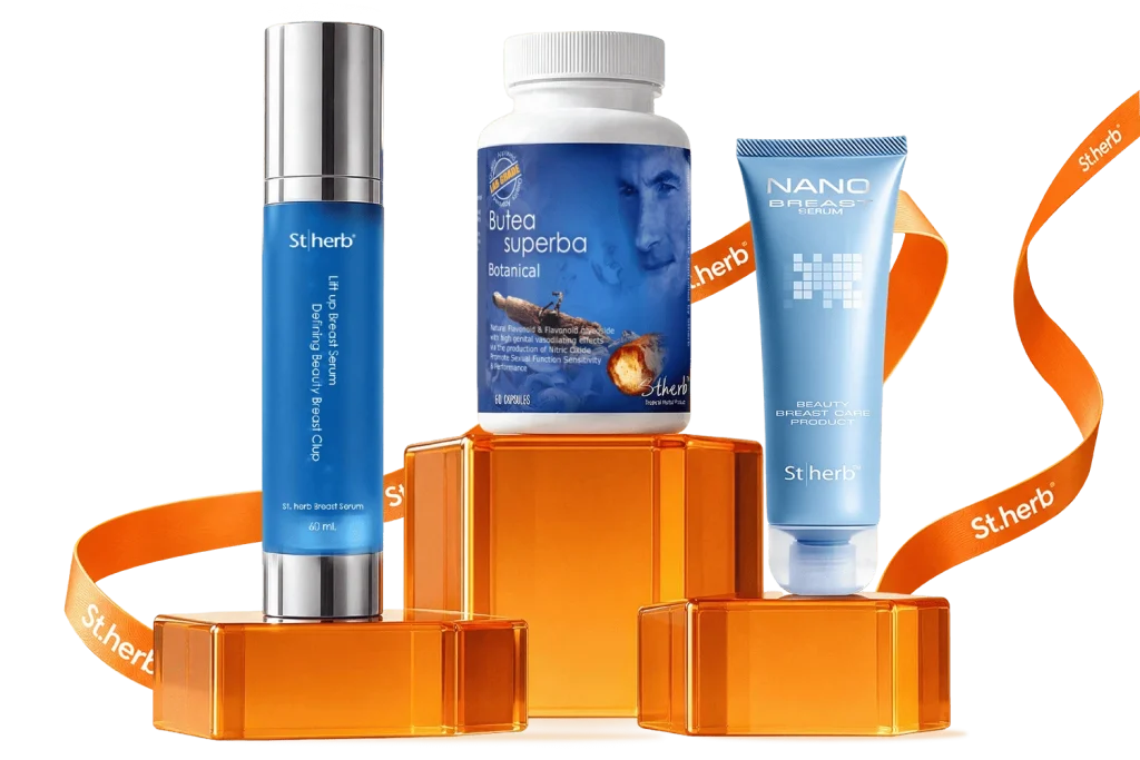 Butea Superba, Pueraria Mirifica capsules and Lady Blossom Serum gift set, tied with an Stherb ribbon