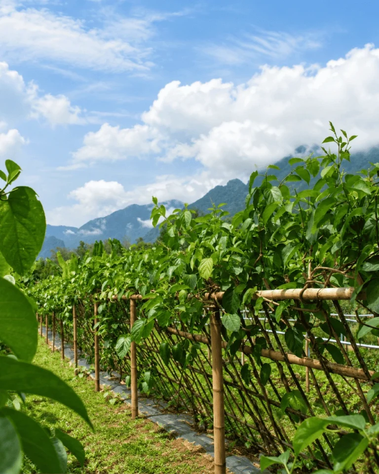 Pueraria Mirifica vines growing on bamboo trellises at the St.Herb organic farm