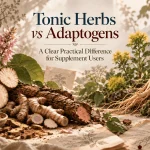 Tonic Herbs vs Adaptogens: A Clear Practical Difference for Supplement Users Tonic herbs vs adaptogens with traditional roots, ginseng, and botanical ingredients