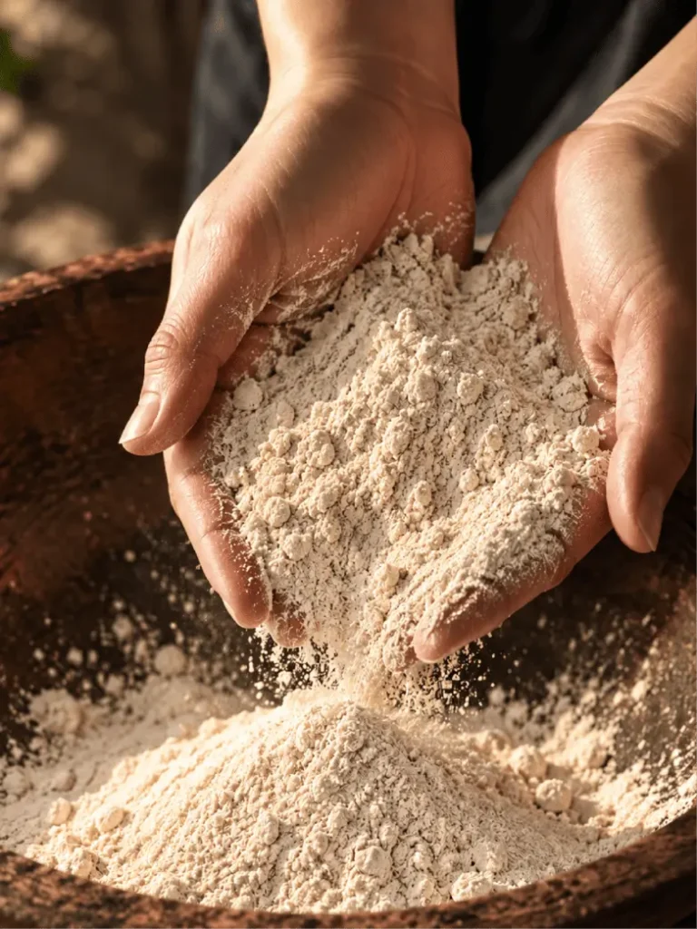 Hands holding finely ground Pueraria Mirifica root powder