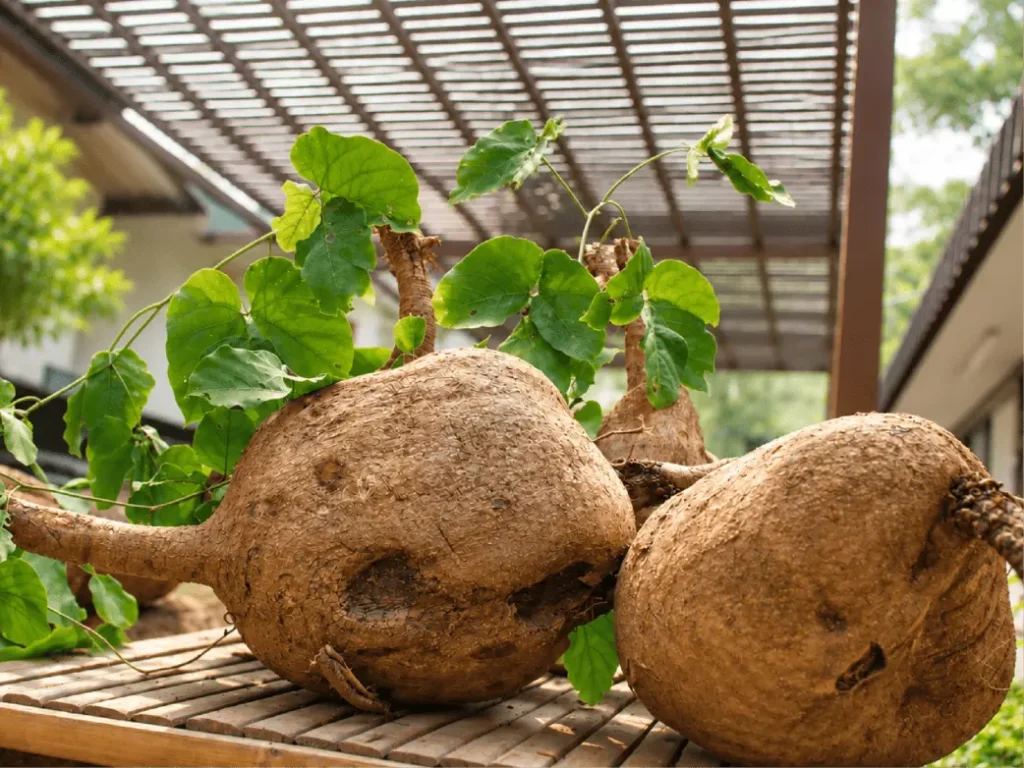 Freshly harvested Pueraria Mirifica tubers on a wooden rack