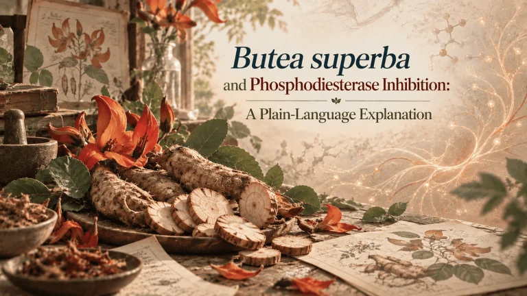 Butea superba and Phosphodiesterase Inhibition: A Plain-Language Explanation Butea superba roots and flowers illustrating phosphodiesterase inhibition and vascular signalling