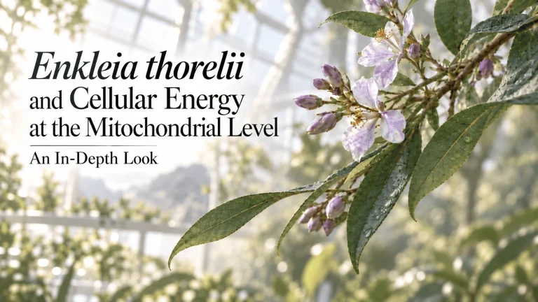Enkleia thorelii flowers and green leaves in a bright botanical research setting
