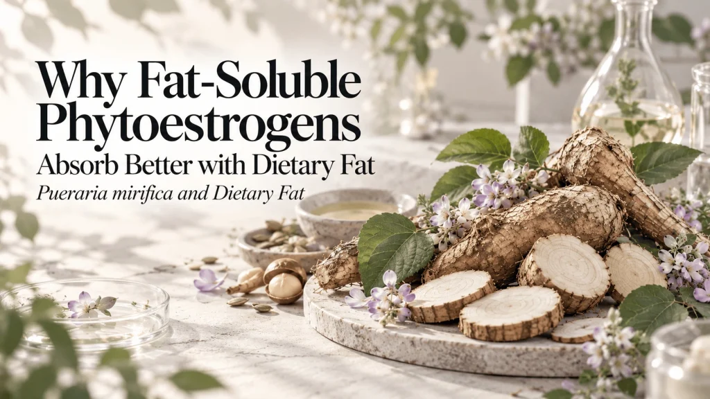 Pueraria mirifica roots and flowers with nuts, seeds, and oil representing dietary fat and phytoestrogen absorption