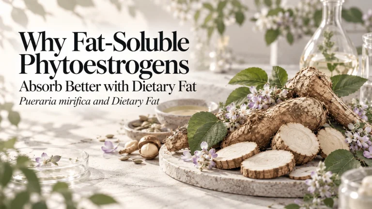 Pueraria mirifica roots and flowers with nuts, seeds, and oil representing dietary fat and phytoestrogen absorption