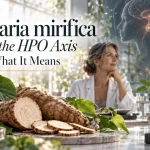 Pueraria mirifica roots and flowers with an illustration of the female HPO axis and reproductive hormone system