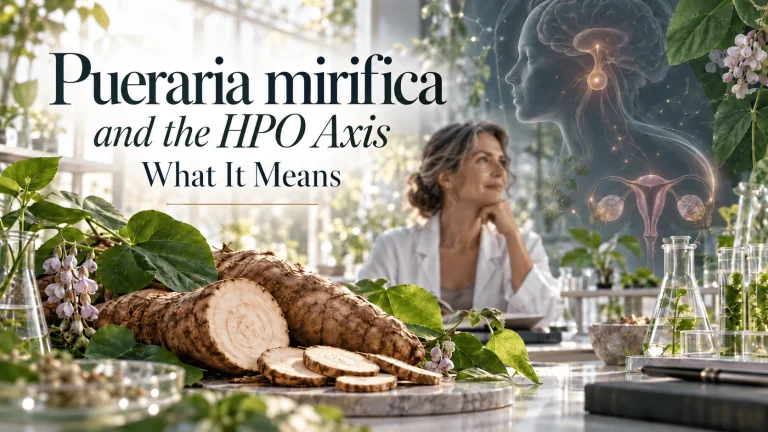 Pueraria mirifica and the Hypothalamic-Pituitary-Ovarian Axis: What It Means Pueraria mirifica roots and flowers with an illustration of the female HPO axis and reproductive hormone system