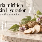Pueraria mirifica roots and flowers with water droplets in a botanical laboratory setting