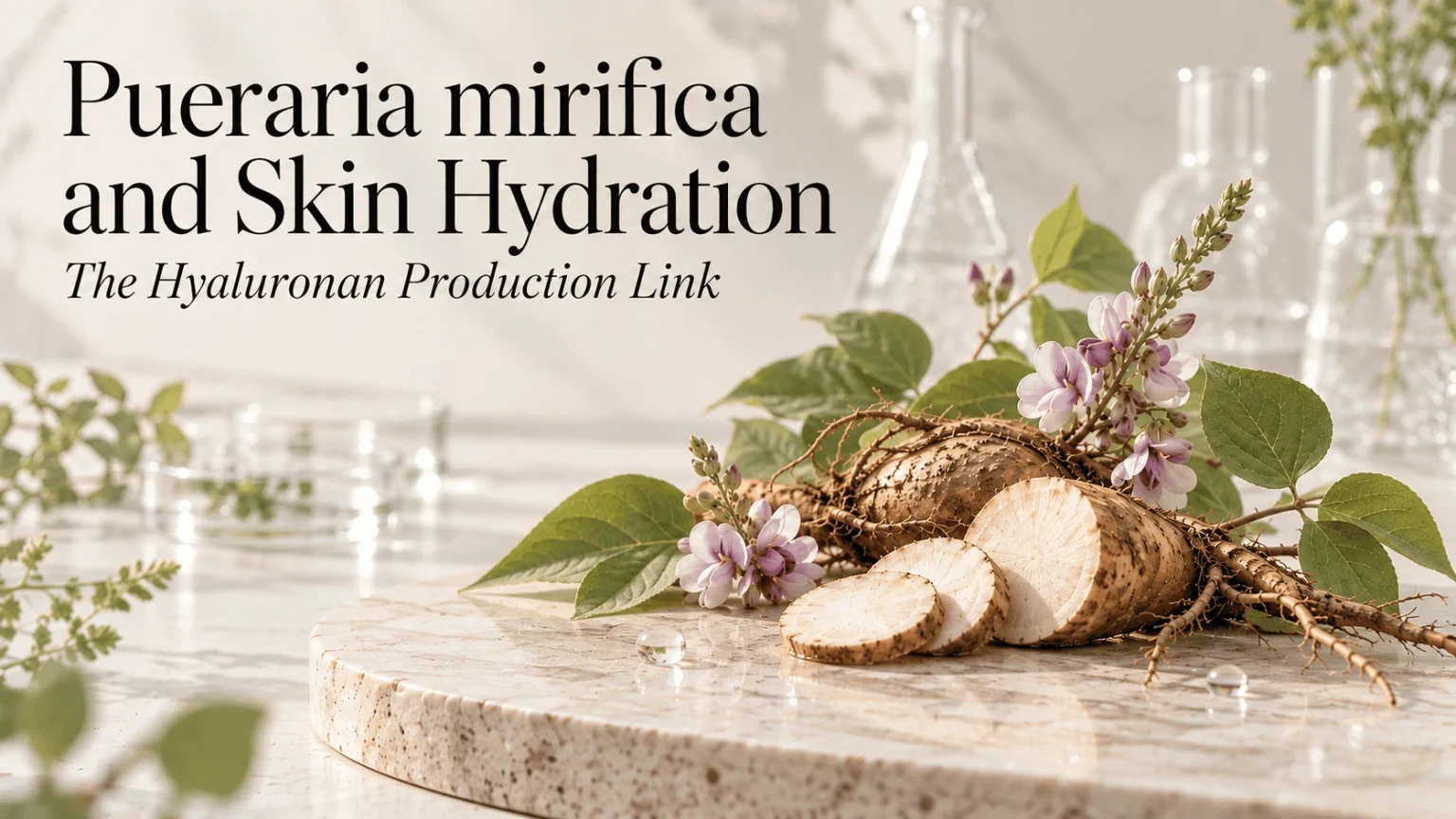 Pueraria mirifica roots and flowers with water droplets in a botanical laboratory setting