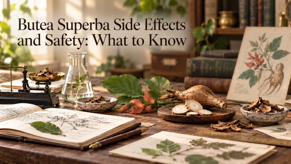 Butea superba tubers and slices on a wooden board beside botanical illustrations, with the heading “Butea Superba Side Effects and Safety: What to Know”