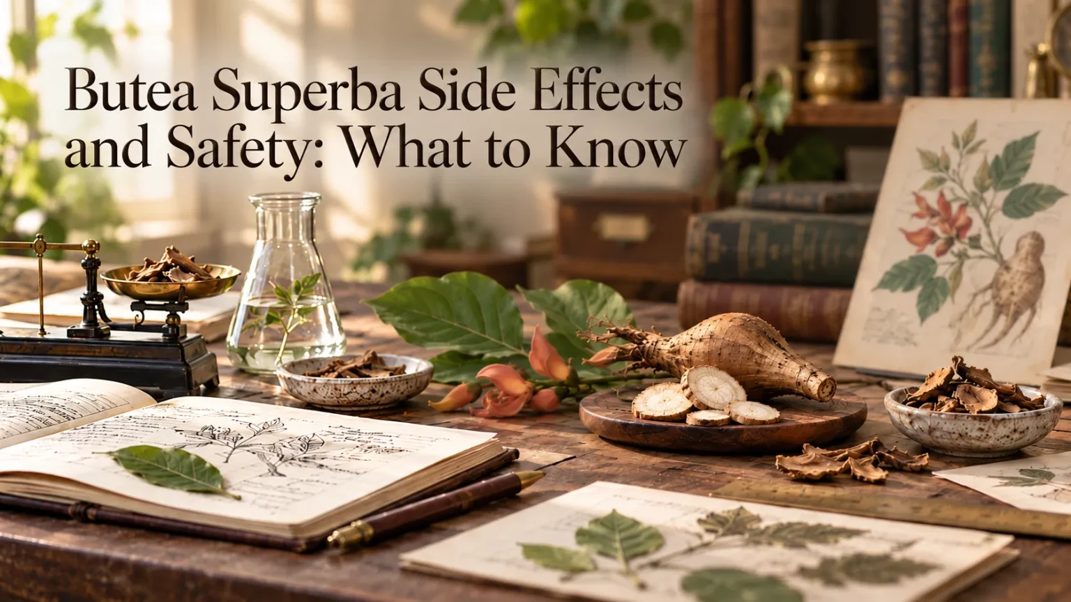 Butea superba tubers and slices on a wooden board beside botanical illustrations, with the heading “Butea Superba Side Effects and Safety: What to Know”