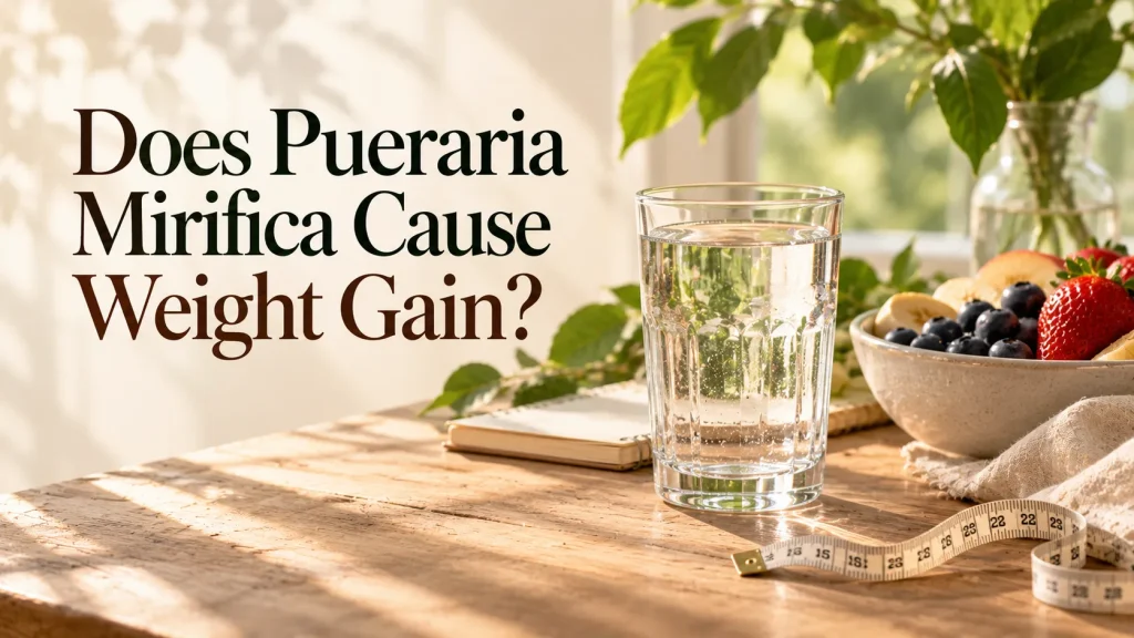Glass of water, fruit bowl and tape measure on a wooden table, with the heading “Does Pueraria Mirifica Cause Weight Gain?”