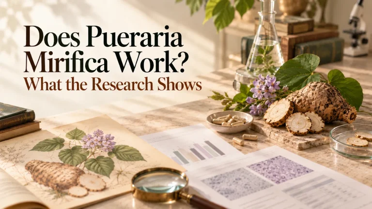 Illustration of roots, capsules, and research papers with the text “Does Pueraria Mirifica Work? What the Research Shows”.