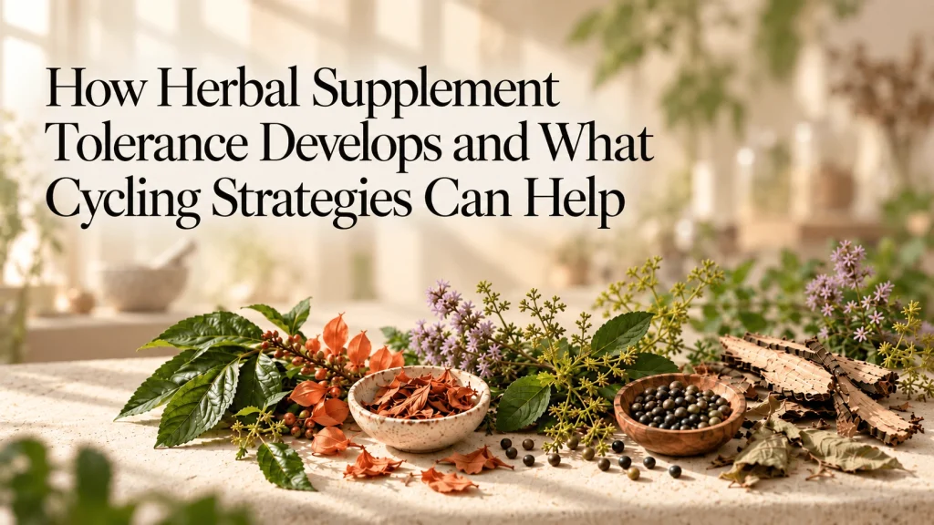 Assorted herbs, flowers, seeds, and dried botanicals arranged for an article about herbal supplement tolerance and cycling