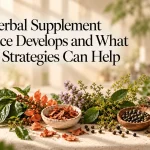 Assorted herbs, flowers, seeds, and dried botanicals arranged for an article about herbal supplement tolerance and cycling