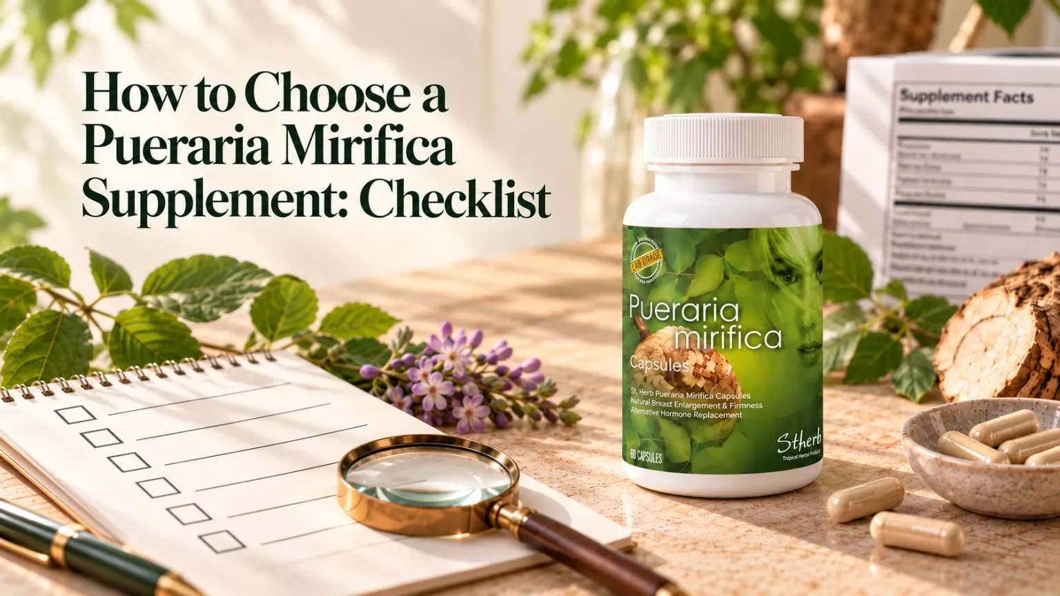 Pueraria Mirifica supplement bottle beside a label checklist, magnifying glass, capsules, and a Supplement Facts panel.
