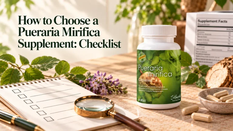 Pueraria Mirifica supplement bottle beside a label checklist, magnifying glass, capsules, and a Supplement Facts panel.