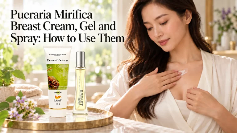 Woman applying cream to her upper chest beside a breast cream tube, spray bottle and purple flowers