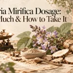 Pueraria mirifica roots, flowers, powder, and vintage scale representing dosage and supplement measurement