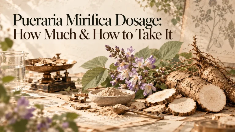 Pueraria mirifica roots, flowers, powder, and vintage scale representing dosage and supplement measurement