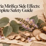 Pueraria mirifica root, leaves, and purple flowers arranged with botanical reference sheets