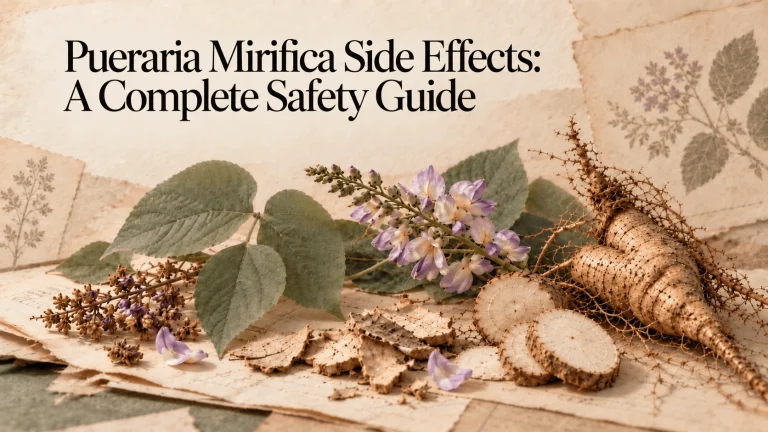 Pueraria mirifica root, leaves, and purple flowers arranged with botanical reference sheets