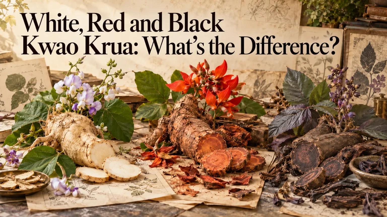White, red and black Kwao Krua roots and flowers shown side by side